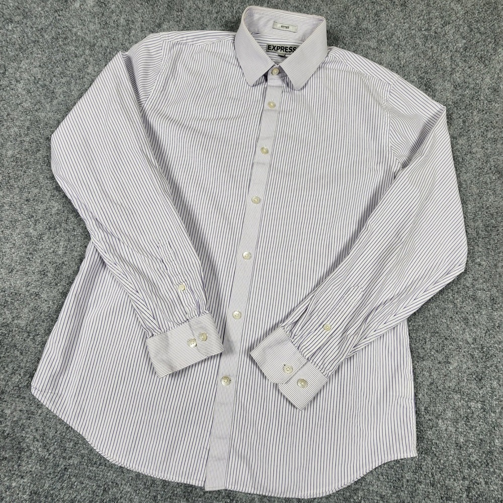 Express Mens Fitted Dress Shirt Purple White Pinstripe Long Sleeve Cotton Med